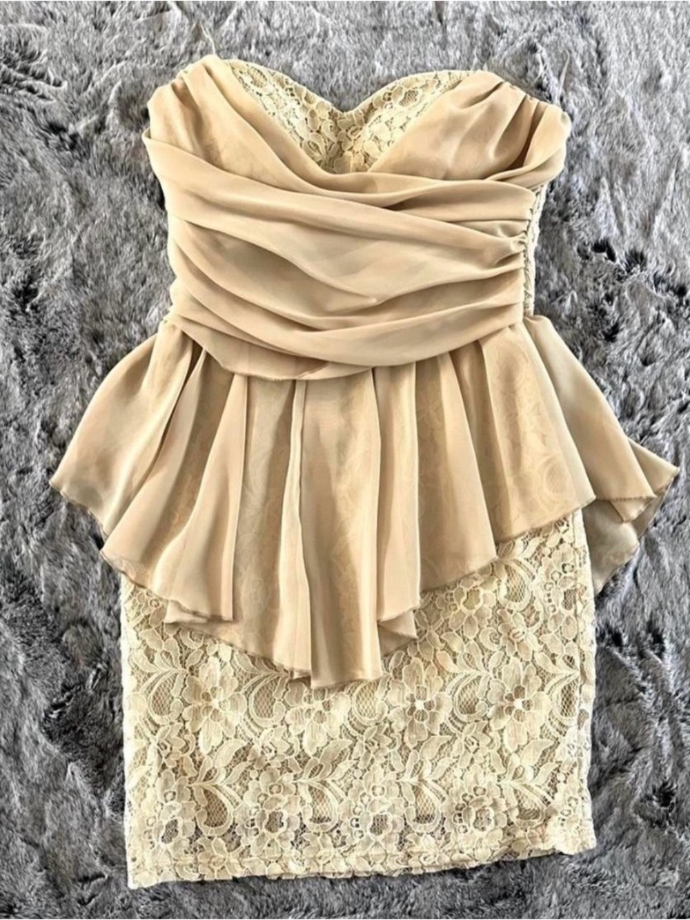 Mystic Strapless Lace Peplum Dress in Beige